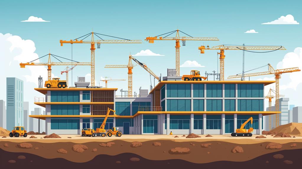 This image shows a large construction site with multiple cranes and heavy machinery.