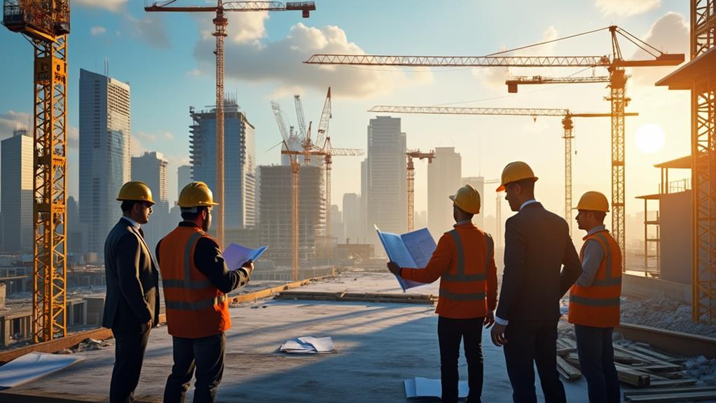 A construction site with multiple workers and equipment.