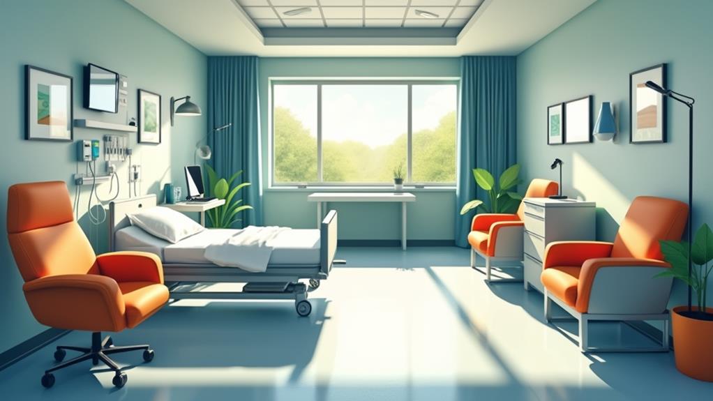 A modern hospital room with a comfortable bed, chairs, and a view of nature outside the window.