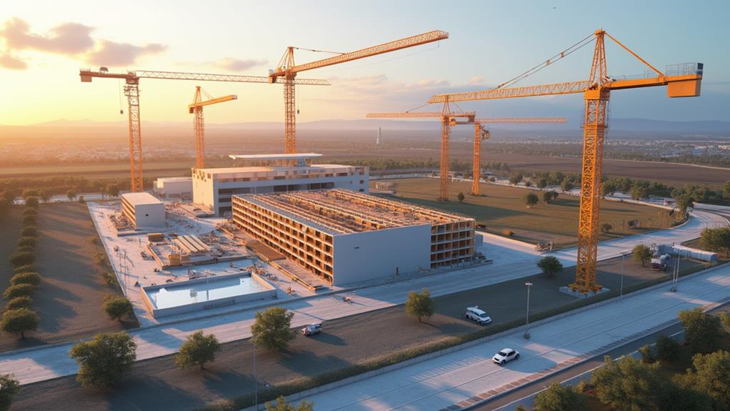 An aerial view of a large construction site with multiple cranes and heavy machinery