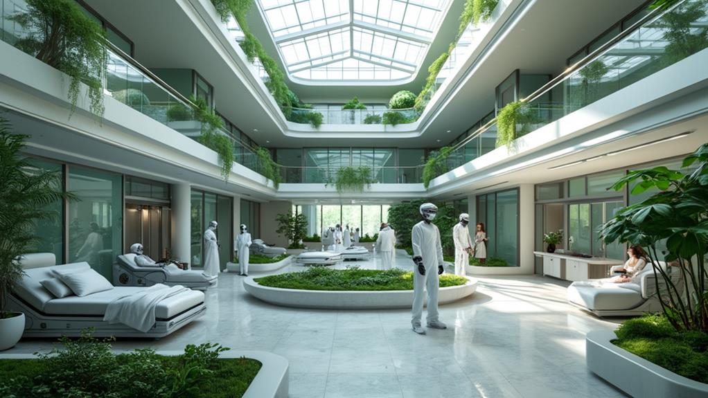 A futuristic hospital lobby with a central garden and robotic staff.