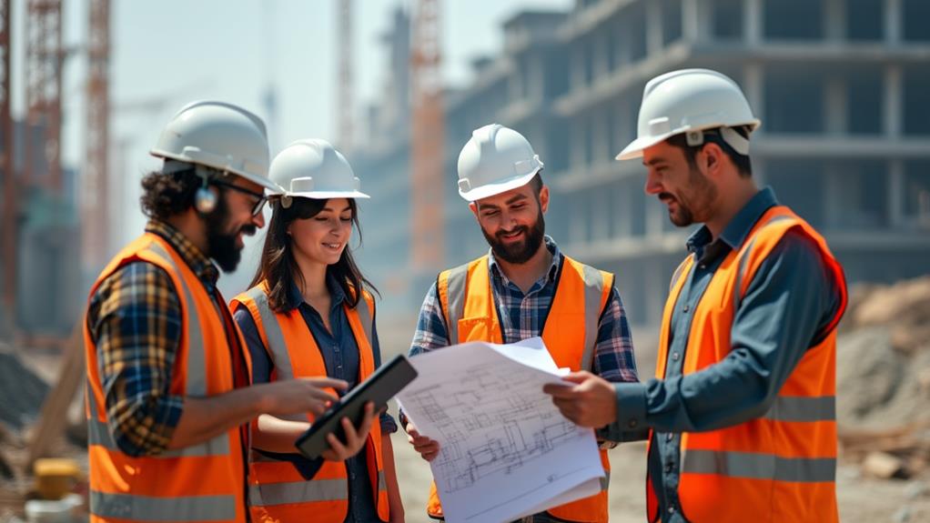 A construction site with multiple workers and equipment.